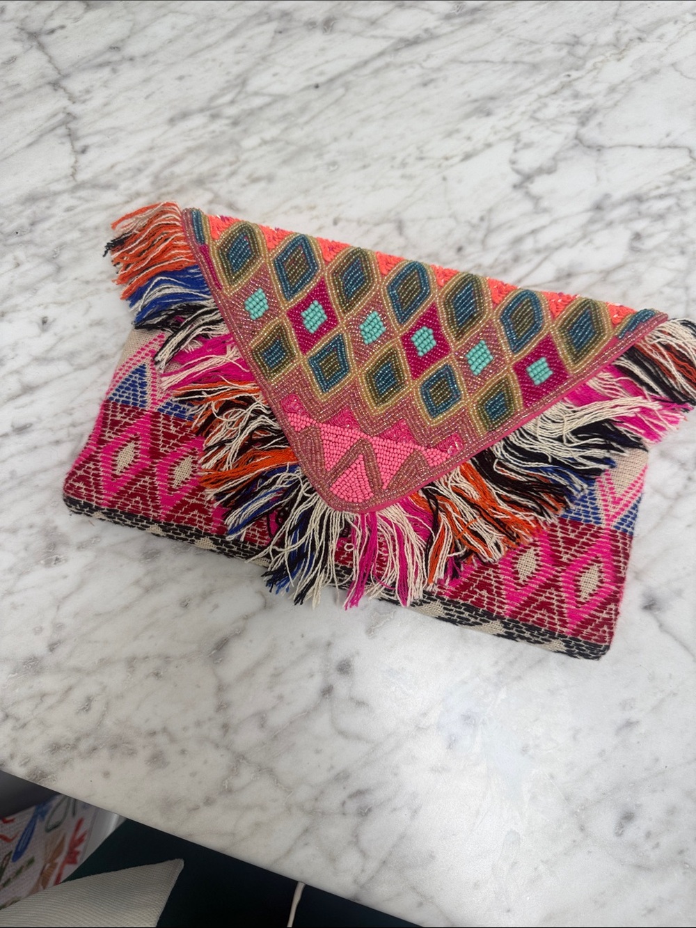 🌷Handcrafted Pink Multi-Color Fringe Hannah Clutch